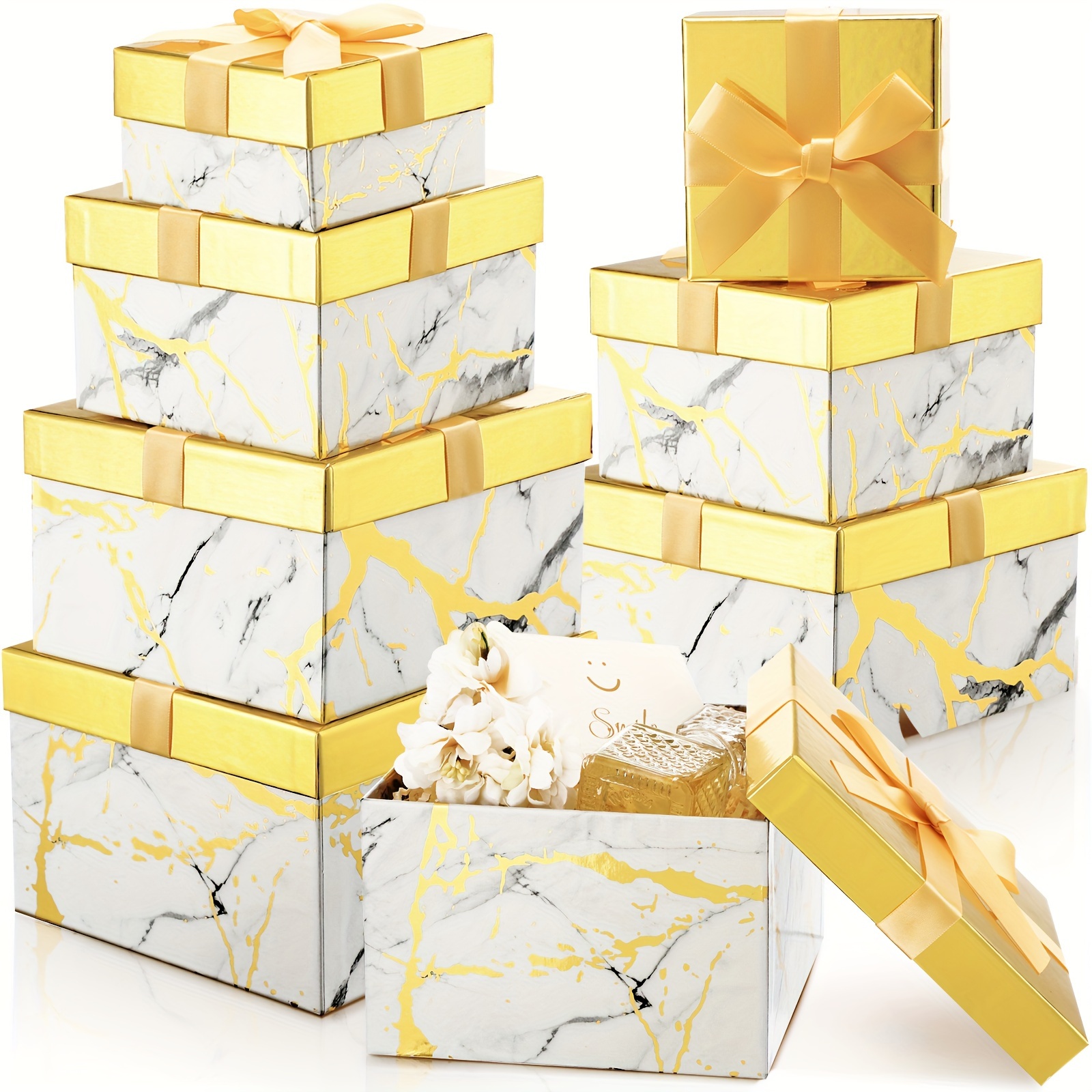 

8 Set Square Nesting Gift Boxes With Lids For Presents Marble Floral Boxes Arrangements Flowers Boxes 4 Assorted Sizes With Bow For Wedding Nurse Gift Bridal Shower (gold And White, Square)