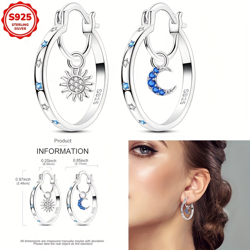 TEMU 1 Pair Of Earrings Weighing 4 Grams 925 Silver Inner Hanging Sun And Moon Earrings Earrings Women's Hoop Earrings Suitable For Engagement Jewelry Gift