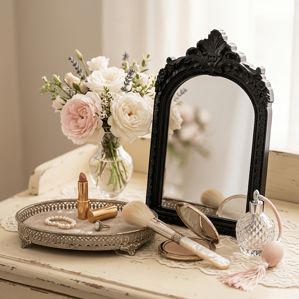 TEMU 1 pieza, Espejo decorativo arqueado pequeño, Espejo de pared de corona ornamentado, Espejo de tocador y de mesa de 4.76 X 7.7 pulgadas para
