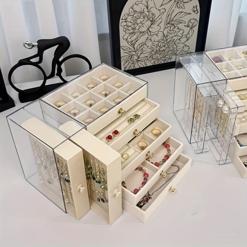 2 tier 5 layer large capacity transparent desktop jewelry organizer bracelet and necklace storage box with multiple compartments ring holder earring rack soft padded necklace and bracelet protector suitable for vanity or desk jewelry box jewelry boxes Product details 0