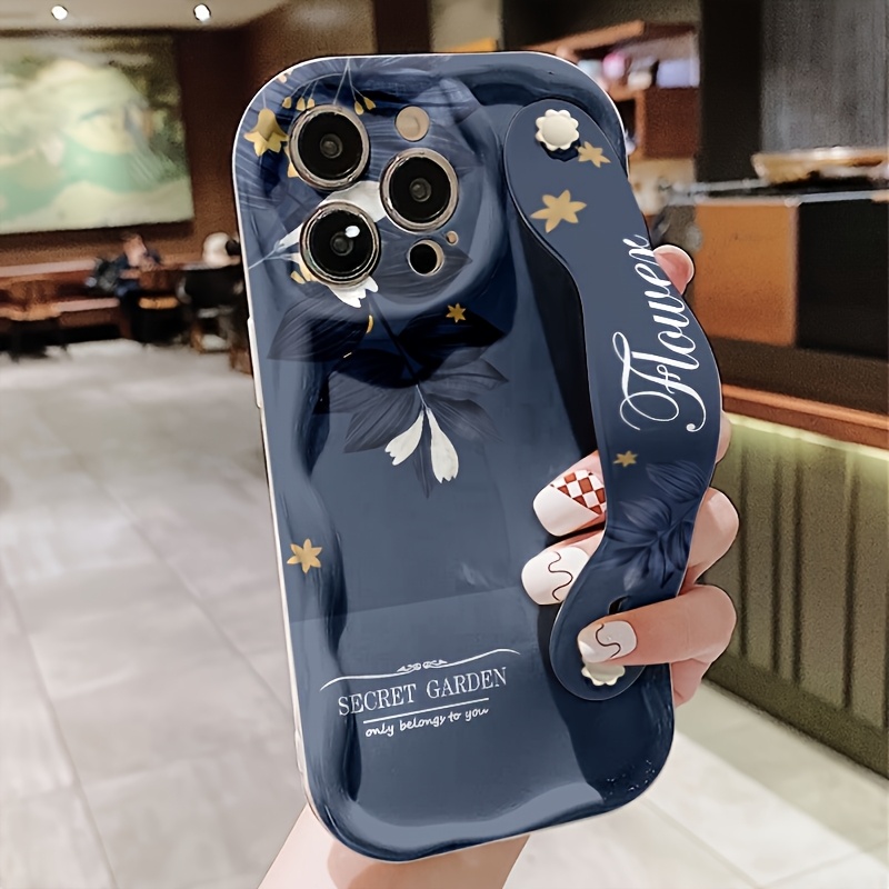 TEMU Phone Case - Blue Floral White Cream Case, Wrist Support Phone Case, , Suitable For