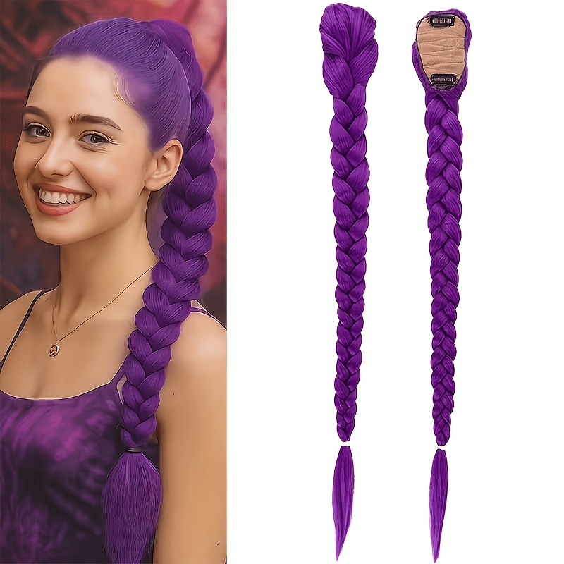 TEMU Perruque queue de cheval tresse queue de poisson longue pour cheveux violets avec pinces à cheveux, fibre résistante aux hautes températures,