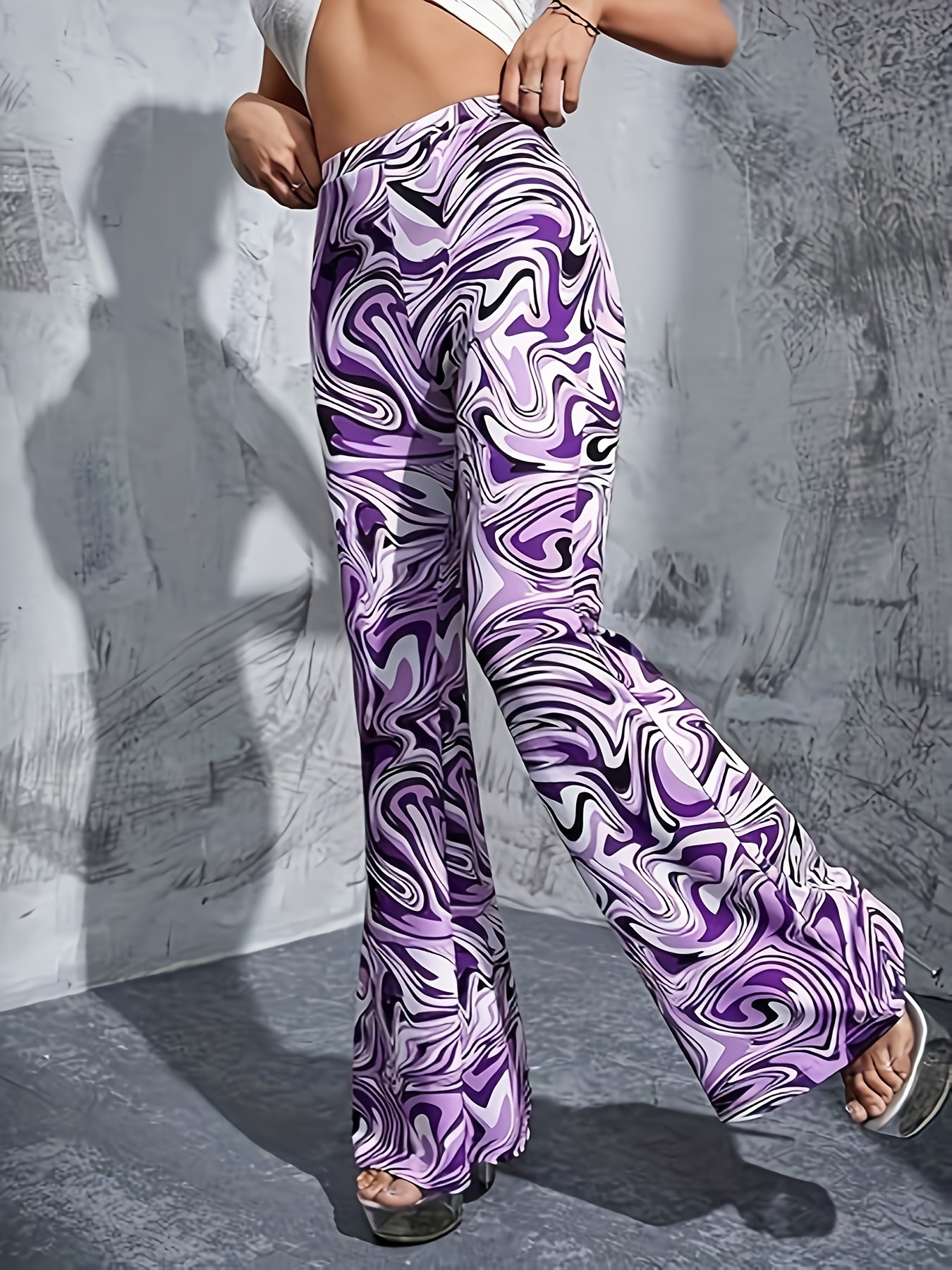 Abstract Print Flare Leg Pants Casual Forbidden Pants Spring - Temu