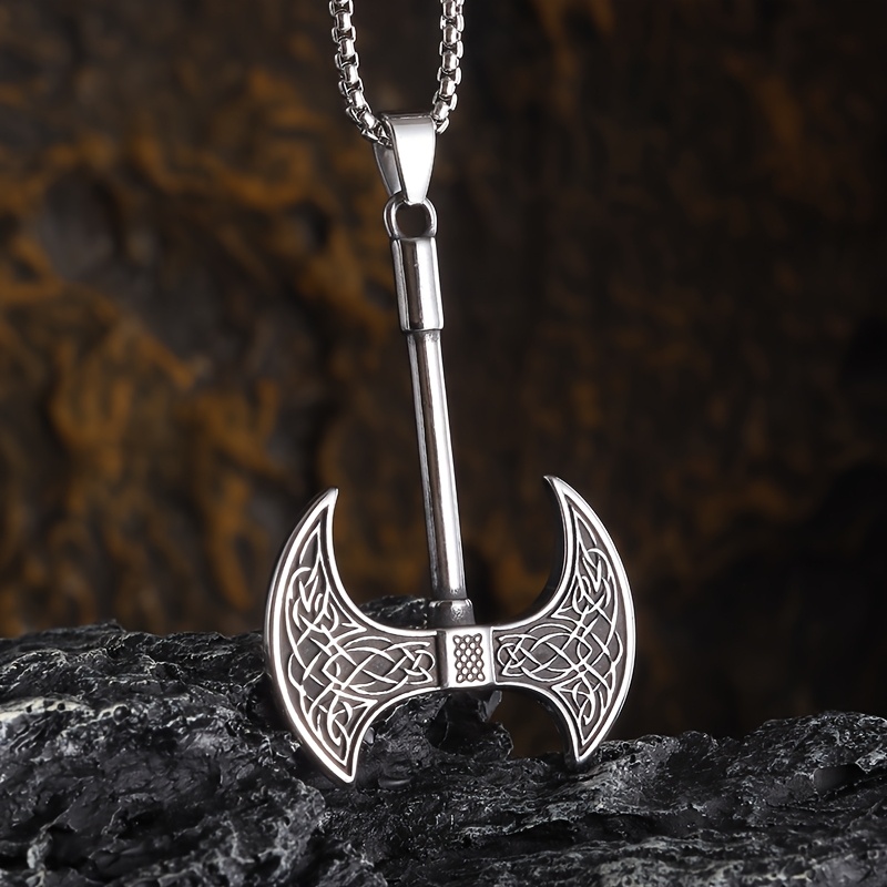 Image of 1pc Retro Celtic Knot Axe Pendant Necklace For - Stylish Alloy Jewelry With Intricate Design, Edgy Casual Fashion Accessory, Perfect Gift For Casual Attire