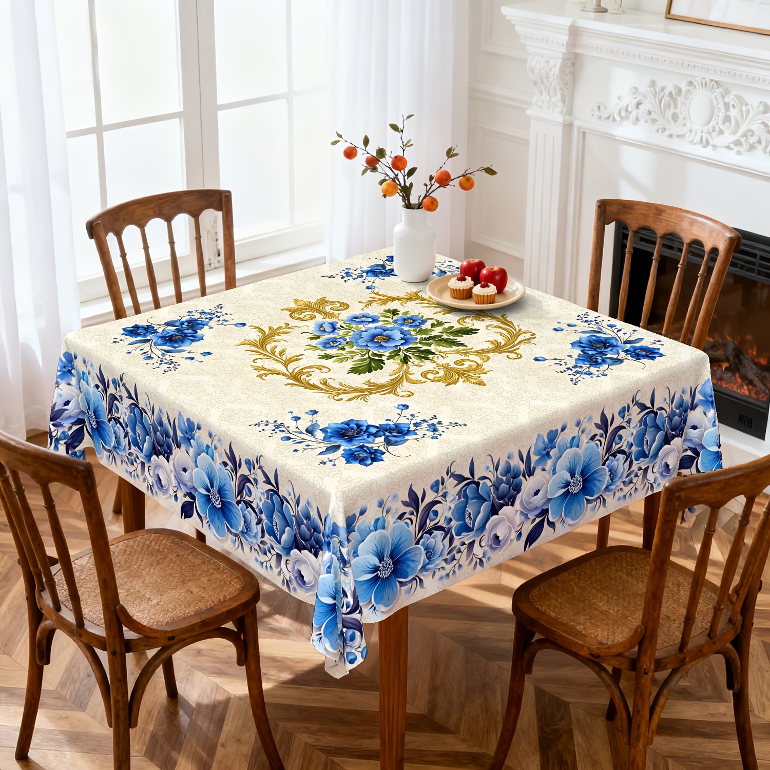 TEMU 1pc, Vintage Blue Flower Tablecloth, Simple Golden Texture And Design, Suitable For Table Decoration And Summer