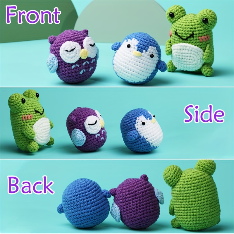 Crochet Set Beginners 3 Patterns Animals Owl Penguin Frog - Temu