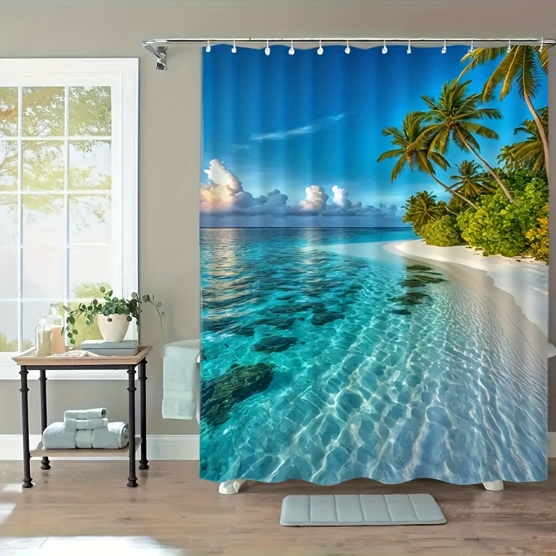 TEMU 1pc Mauritius Islands Beach Tropical Paradise Shower Curtain - Durable Polyester Fabric With 12 Hooks, Machine Washable, Multiple Sizes, Vibrant