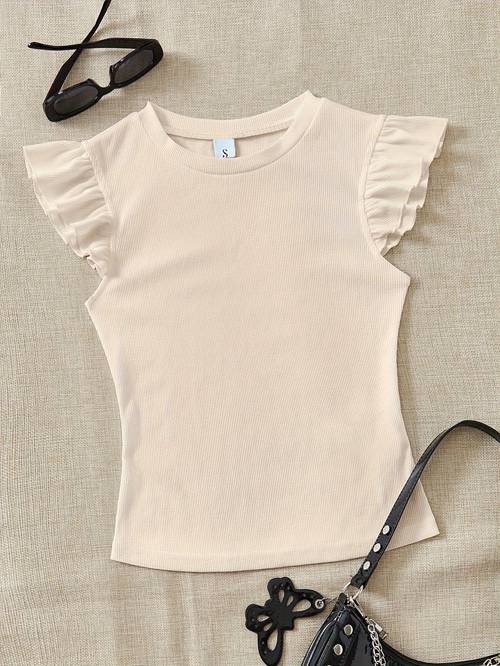 ribbed crew neck cap sleeve fit ruffle t shirt suitable for summer