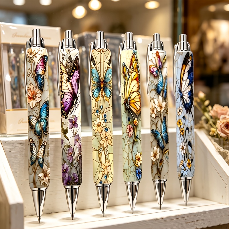 TEMU 6-pack Stained Glass Floral Retractable Ballpoint Pens, Vintage & Flower Art Print Retractable Ballpoint Pens, Black Ink Decorative Pen Set,