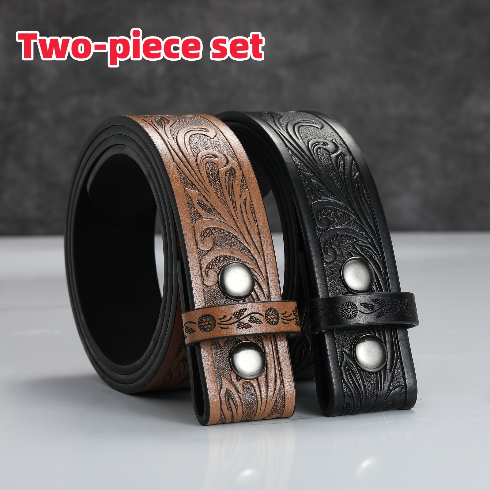 

2pcs Premium Western Cowboy Style Belt - Soft Faux Leather, No Buckle, Versatile Fit For Jeans & Casual Wear, Black