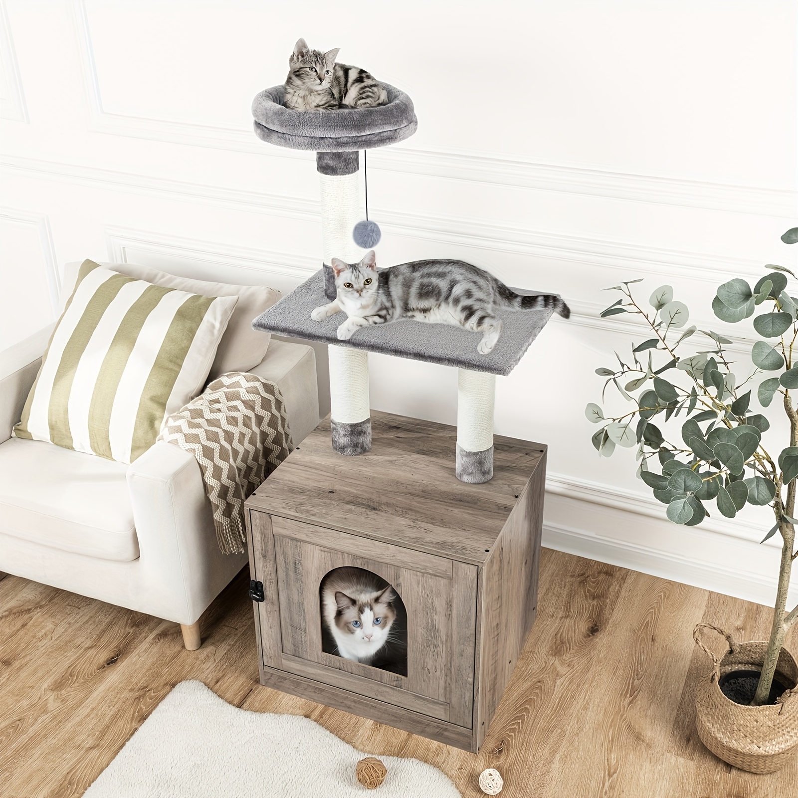 Image of For Cat Tree With Toys, 128 Cm High, Indoor For Cat Tower Apartment For Cats, With A Door And Separate Shelves, For Cat Litter Storage Box, Gray, Litter Box Not Included