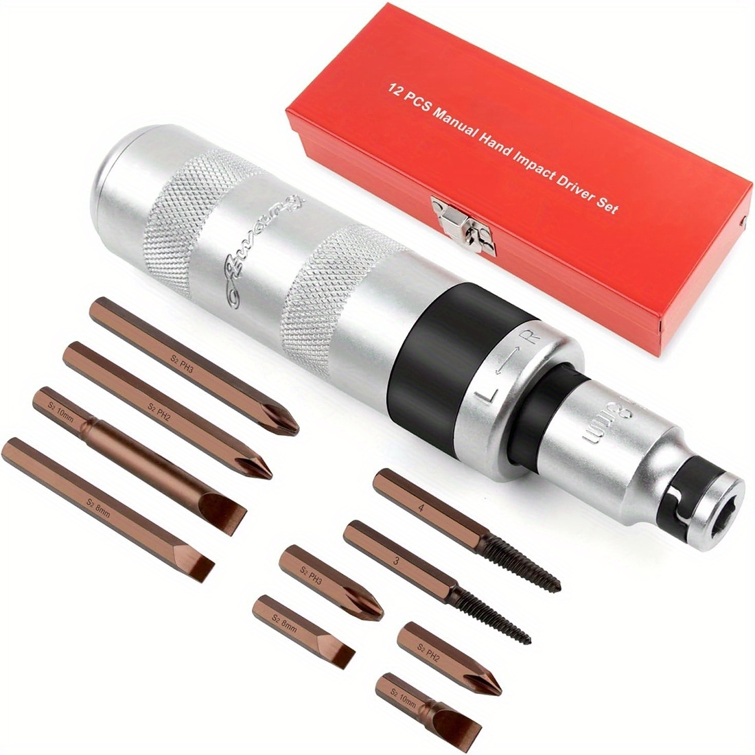 Set Of Impact Screwdrivers, Including A Manual Impact Driver, Adapter, And 12 Bits, 1/2 Inch Size