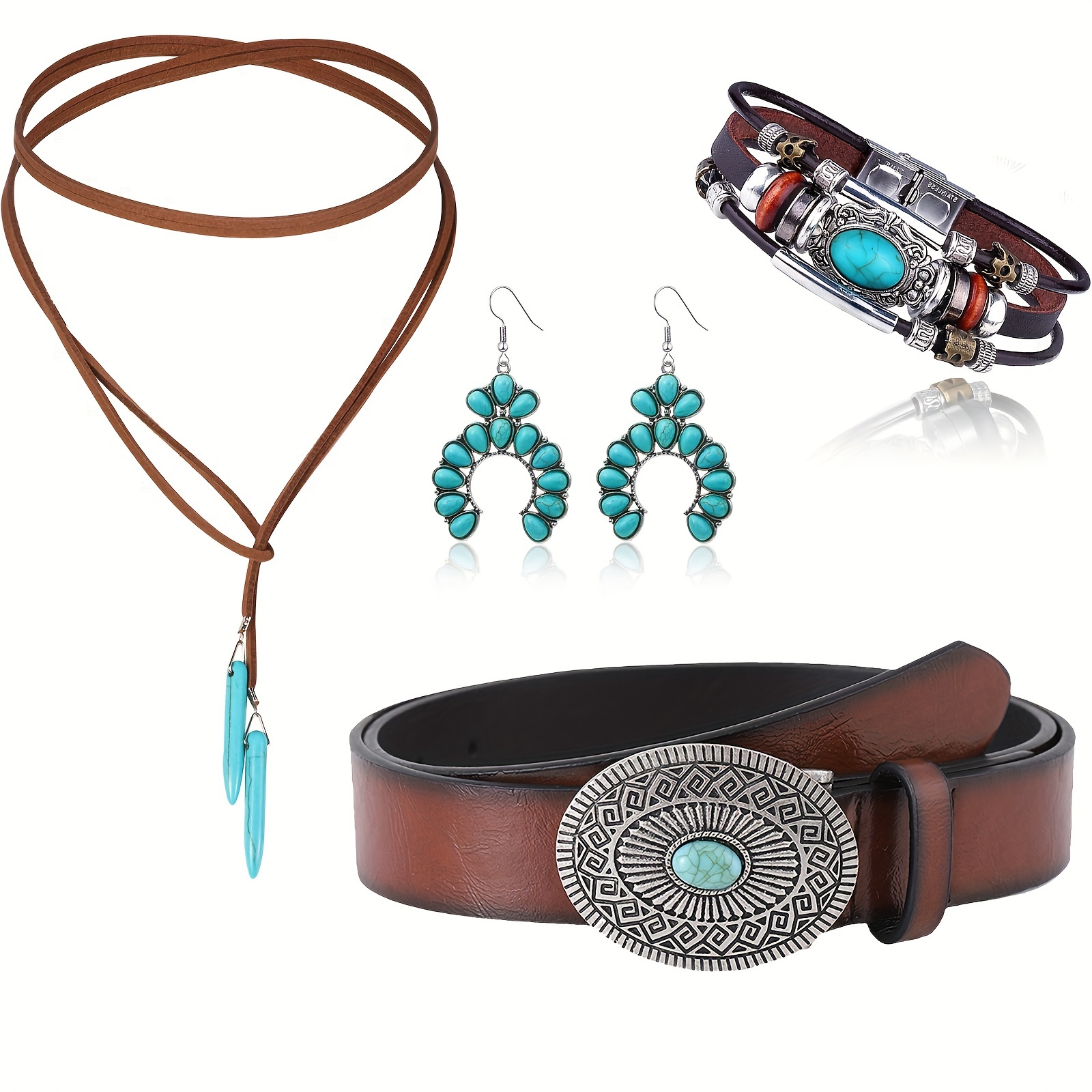 

5 Pcs Bohemian Turquoise Jewelry Set, Western Cowgirl Costume Accessories Kit With Turquoise Necklace Western Earrings Layered Leather Boho Bracelets And Adjustable Belt For Women