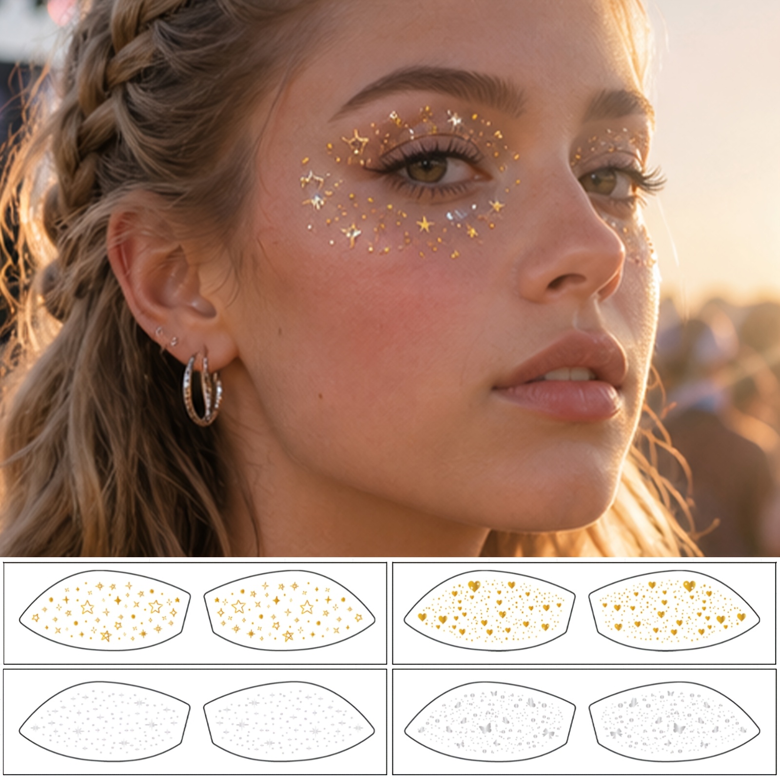 4 Sheets Glitter Eye Makeup Temporary Tattoos Waterproof Sequined Star Patterns Music Festival Face Decoration Stickers