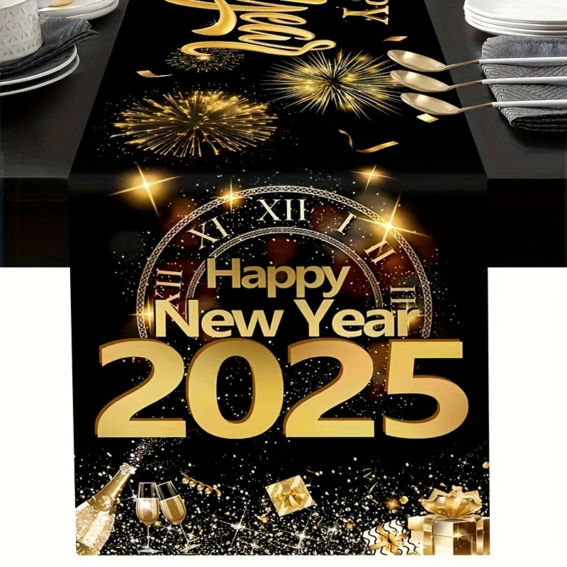 

2025 Happy New Year Table Runner - Black & Golden Fireworks Design, Polyester, Rectangular, New Year's Eve Dinner Decor