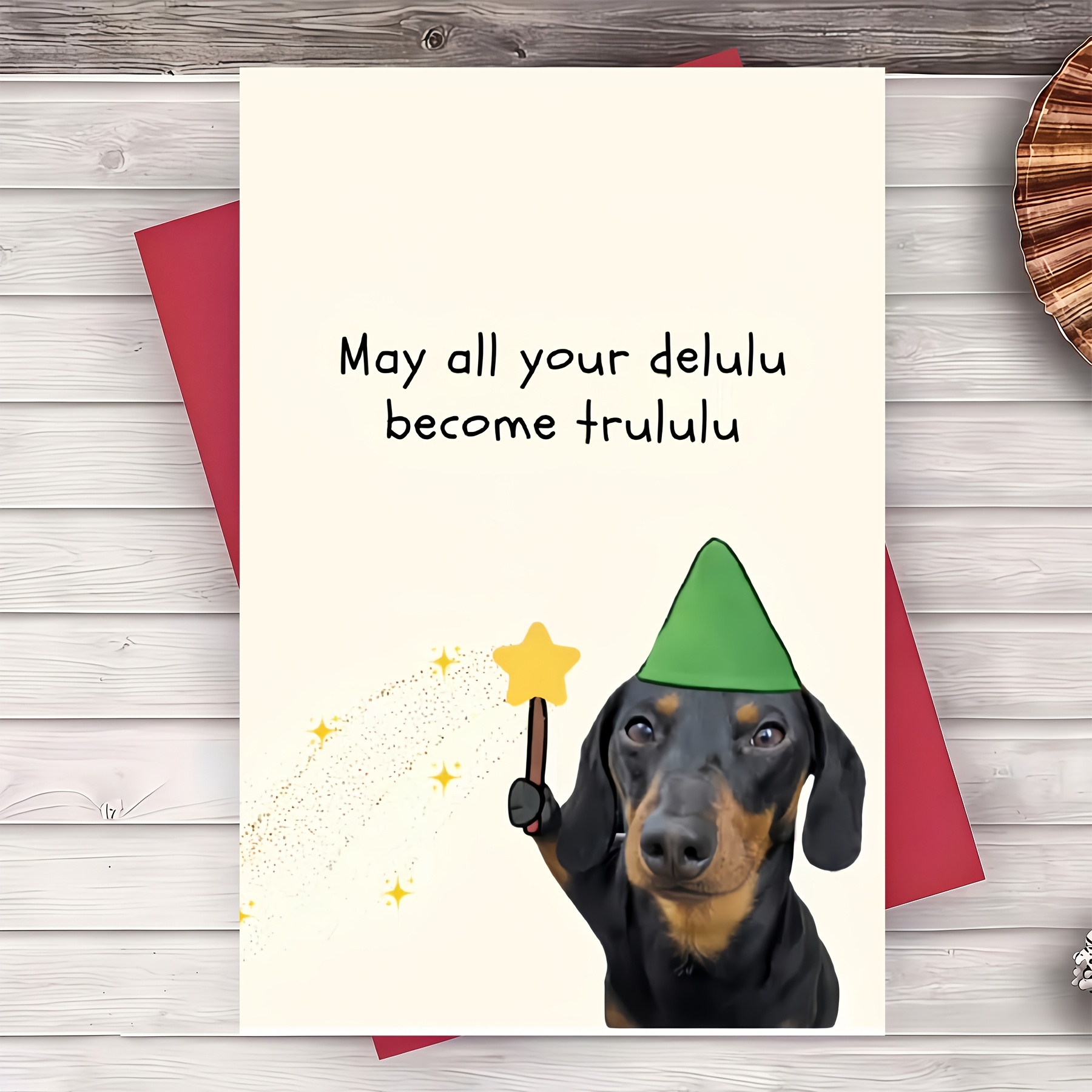 TEMU 1 Greeting Card + 1 Envelope. 2d Flat Internet Meme Dachshund Magic Greeting Card "may All Your Delulu Become " With Green Pointed Hat, Star