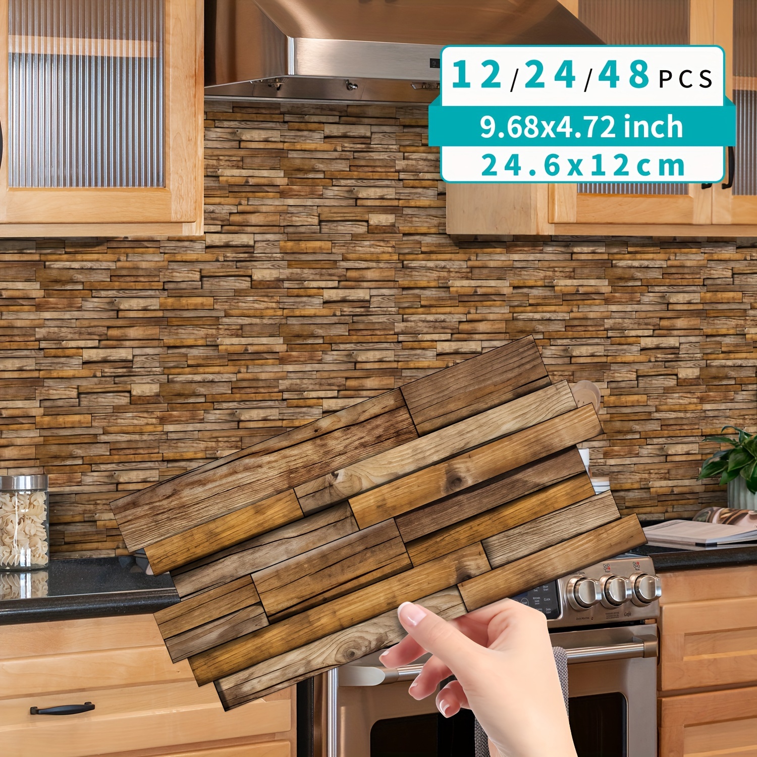 

12/24/48pcs Wood , -adhesive Peel And Backsplash For & Bathroom, Diy Rectangle , No Required