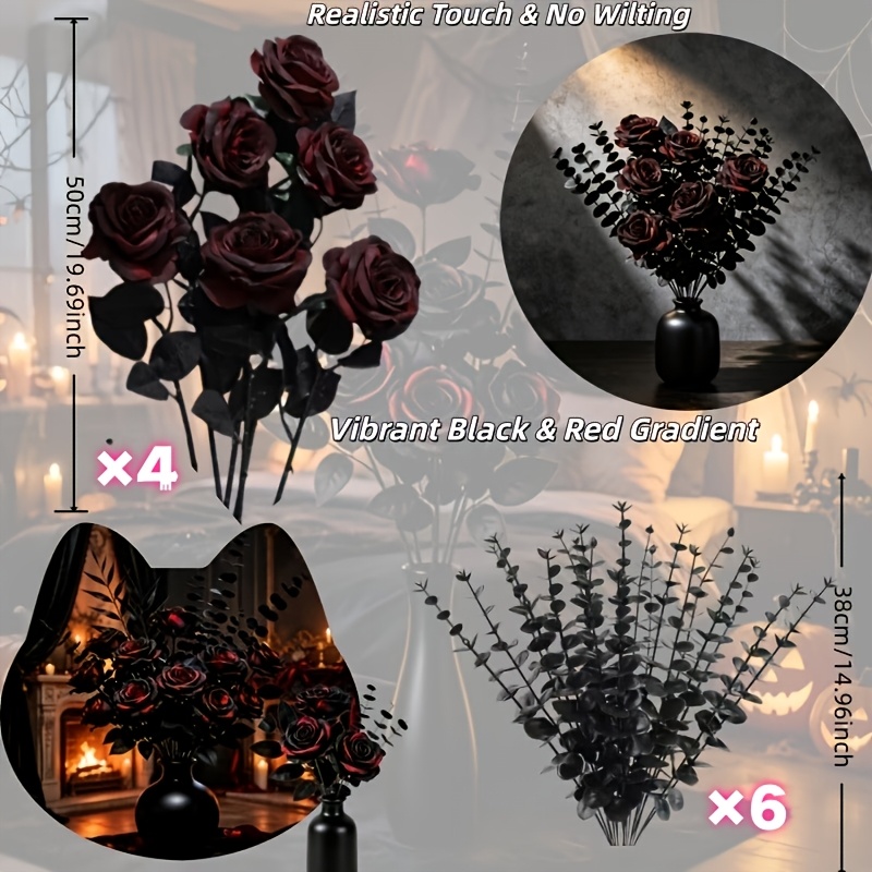 TEMU Gothic Black Red Rose Eucalyptus Artificial Bouquet, Halloween, All Hallows' Eve, Universal Decoration, Room Dining Table Window Sill Ornament,