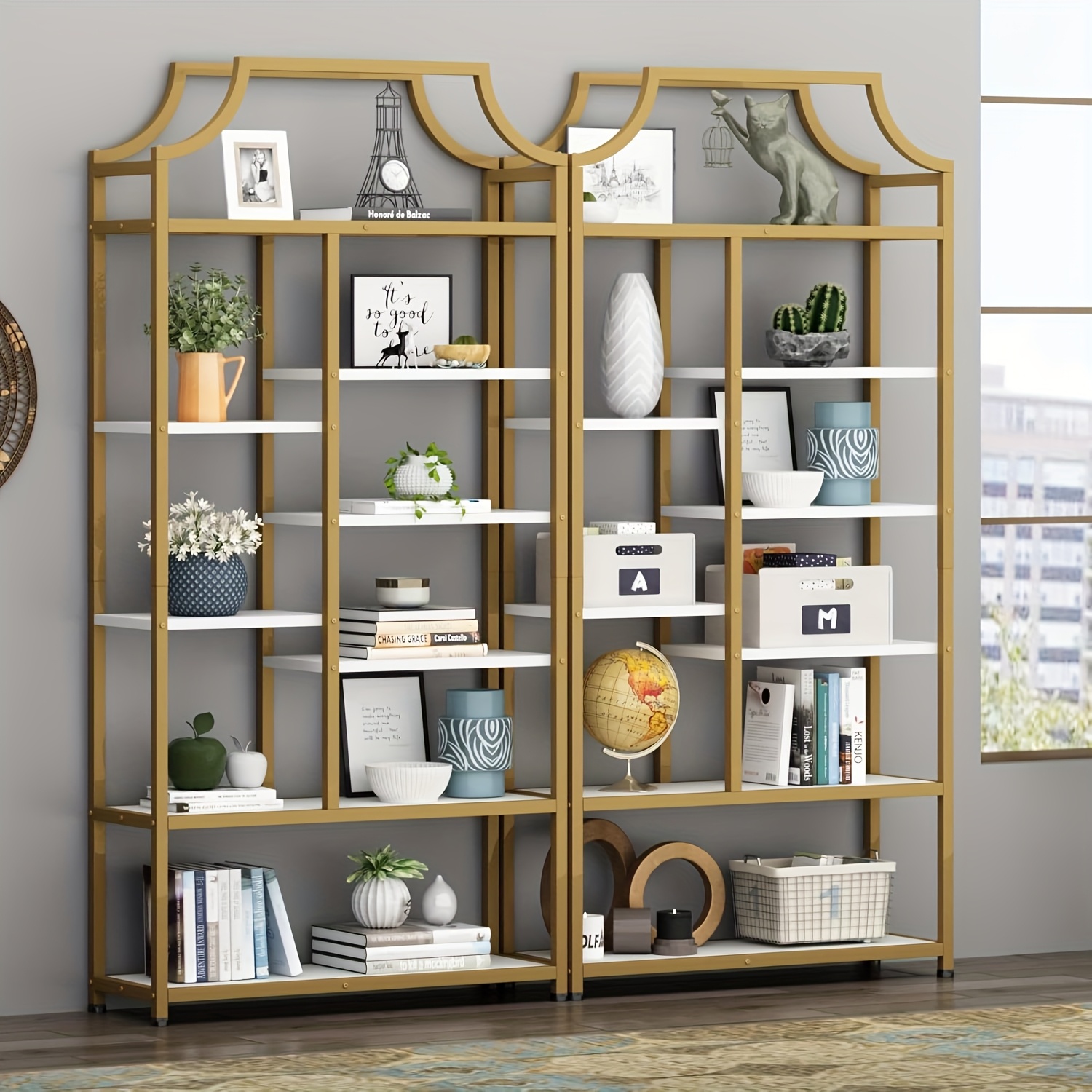 8-Tier Entryway Ladder Shelf - Tall Storage & Display Rack With White Shelves - Golden & Black Options - Perfect For Hallway, Living Room, Bedroom