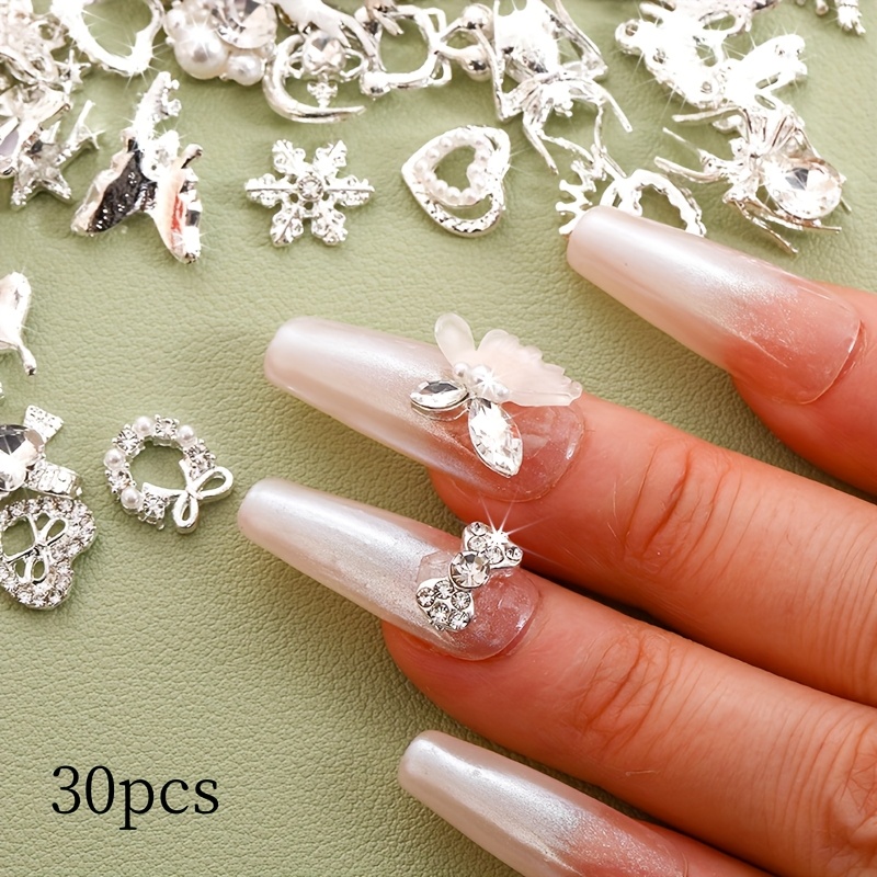 Image of Luxury Alloy Charm Set: 30pcs Series, Inlaid With Mica And Silvery Pendants, Suitable For Nail Design, Fragrance-free Spring/summer