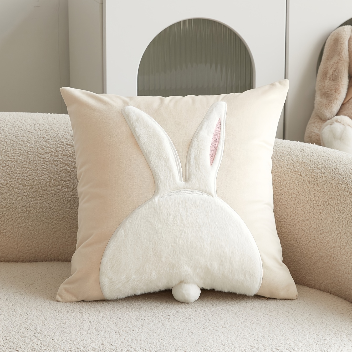 Image of 1pc 3d Embroidered Cute Rabbit Handmade Ball Pillow Cover | Suitable For Living Room, Bedroom, Car, And Party Environments, Polyester, Spot-