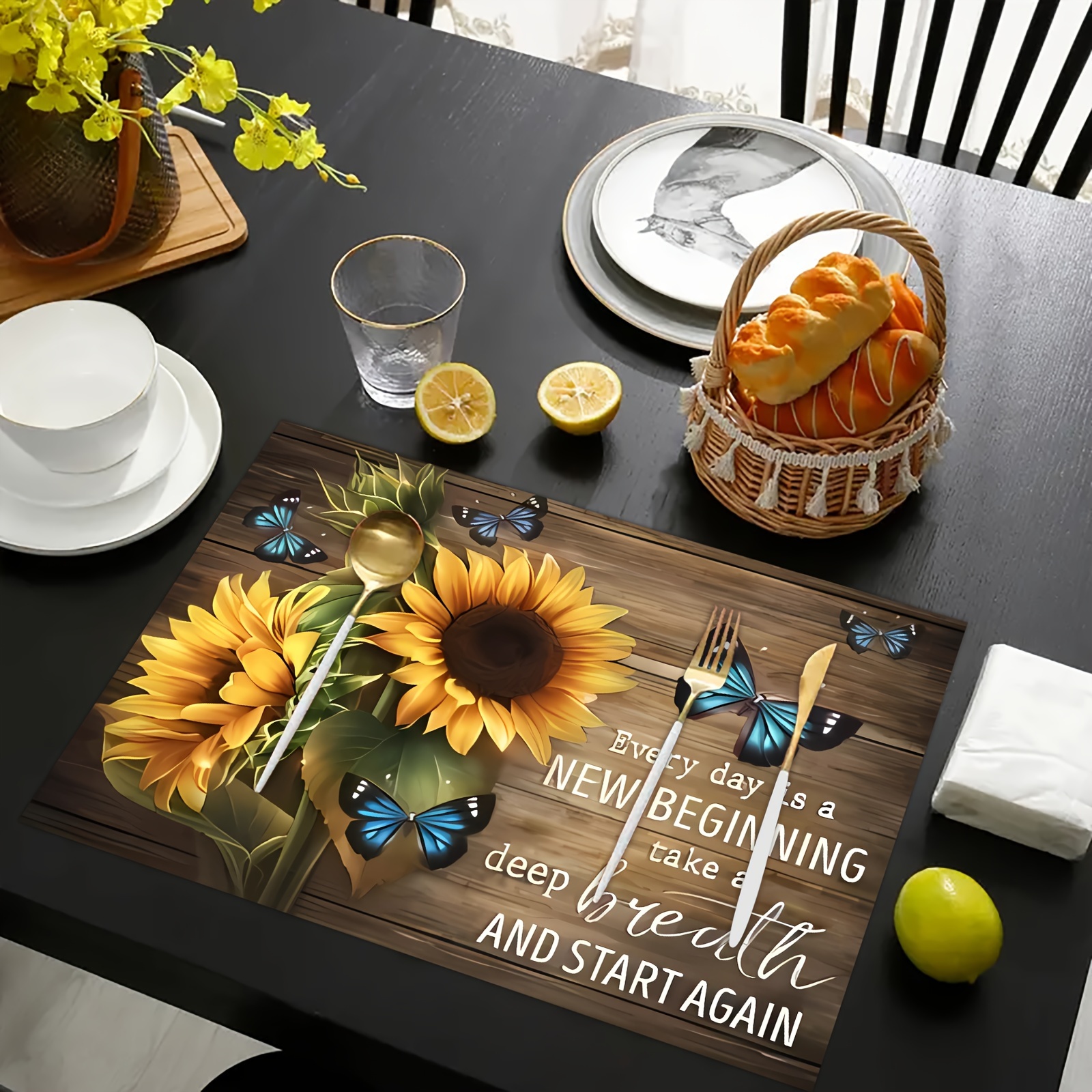 

4/6pcs, Wooden Plank Sunflower Placemats, Square Kitchen Table Decoration, Suitable For Holiday Banquets, Family Restaurants, Household Items, Party Decorations, Holiday Decorations