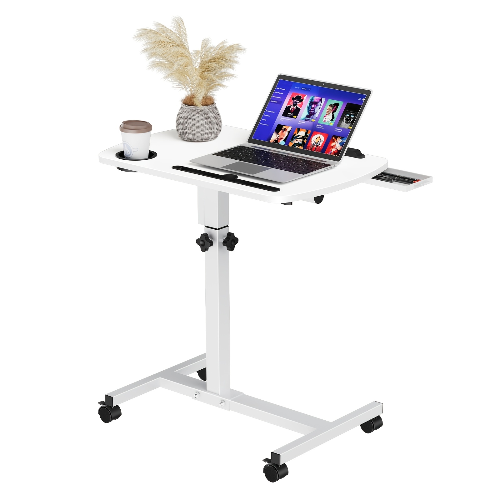 Home Office Computer Desk, Laptop Desk With Wheels, Tilt Bedside Table With Locking Wheels, Height Adjustable (59-89cm) Steel Stand (wood Top, Tilt, Rotate) Mobile Standing Desk - White