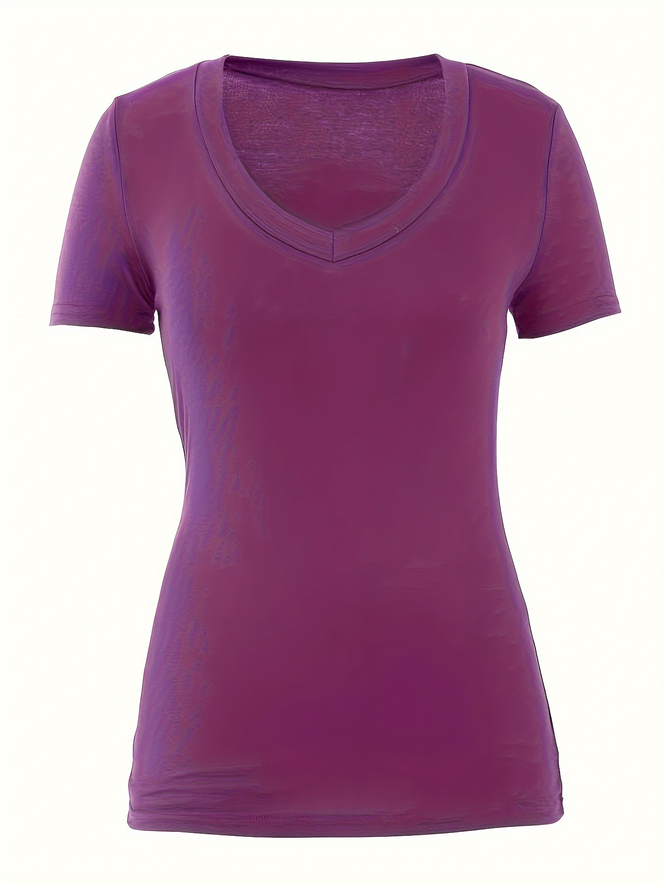 Plus Size Women's Vibrant Yellow Deep V-Neck Short Sleeve T-Shirt - Casual Stretchy Top, Machine Washable for Spring Summer Fall, Ladies T Shirts