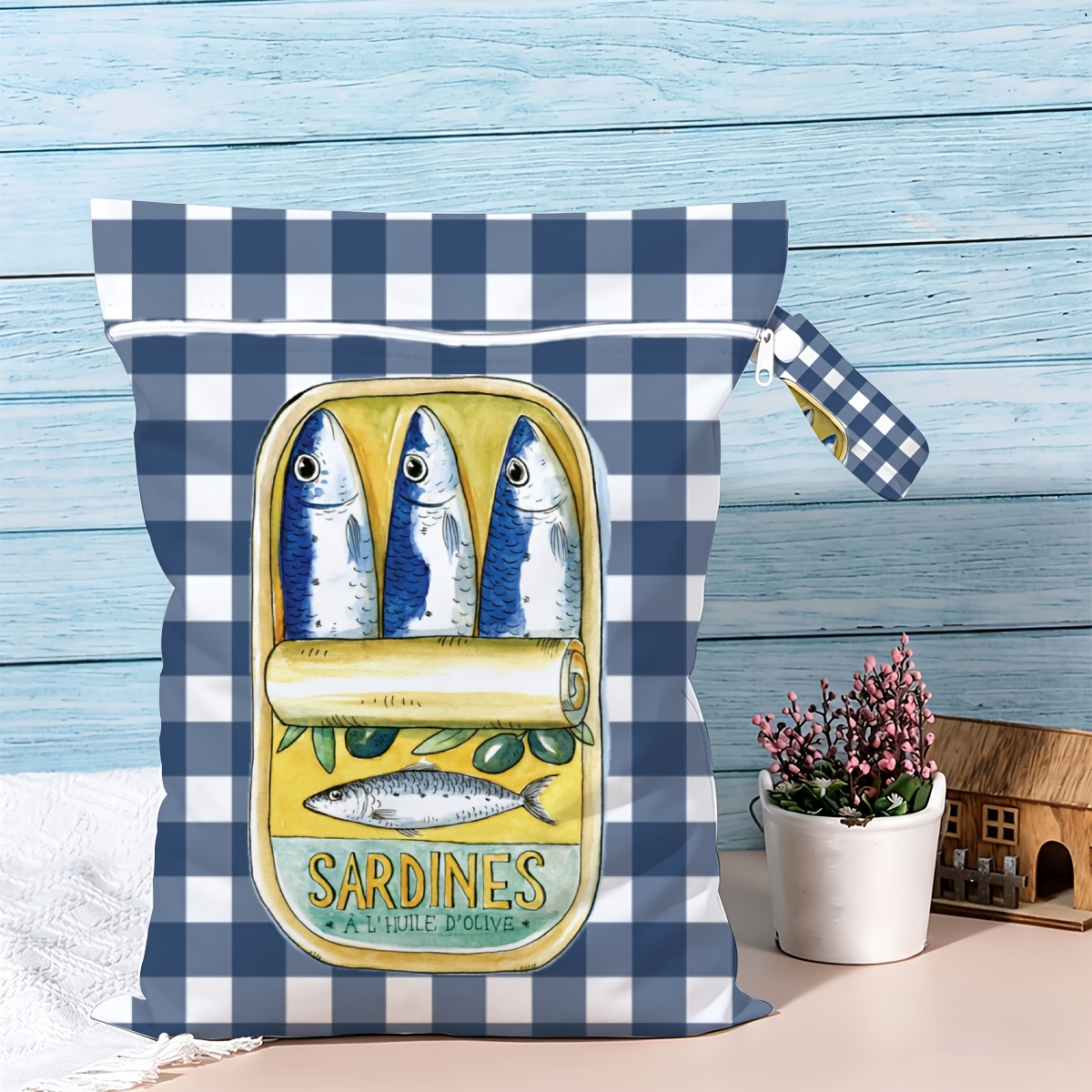 TEMU Bolsa de almacenamiento de ropa con cremallera para playa y viaje, estampado vintage de lata de con aceite de oliva a cuadros vichy azul y ,