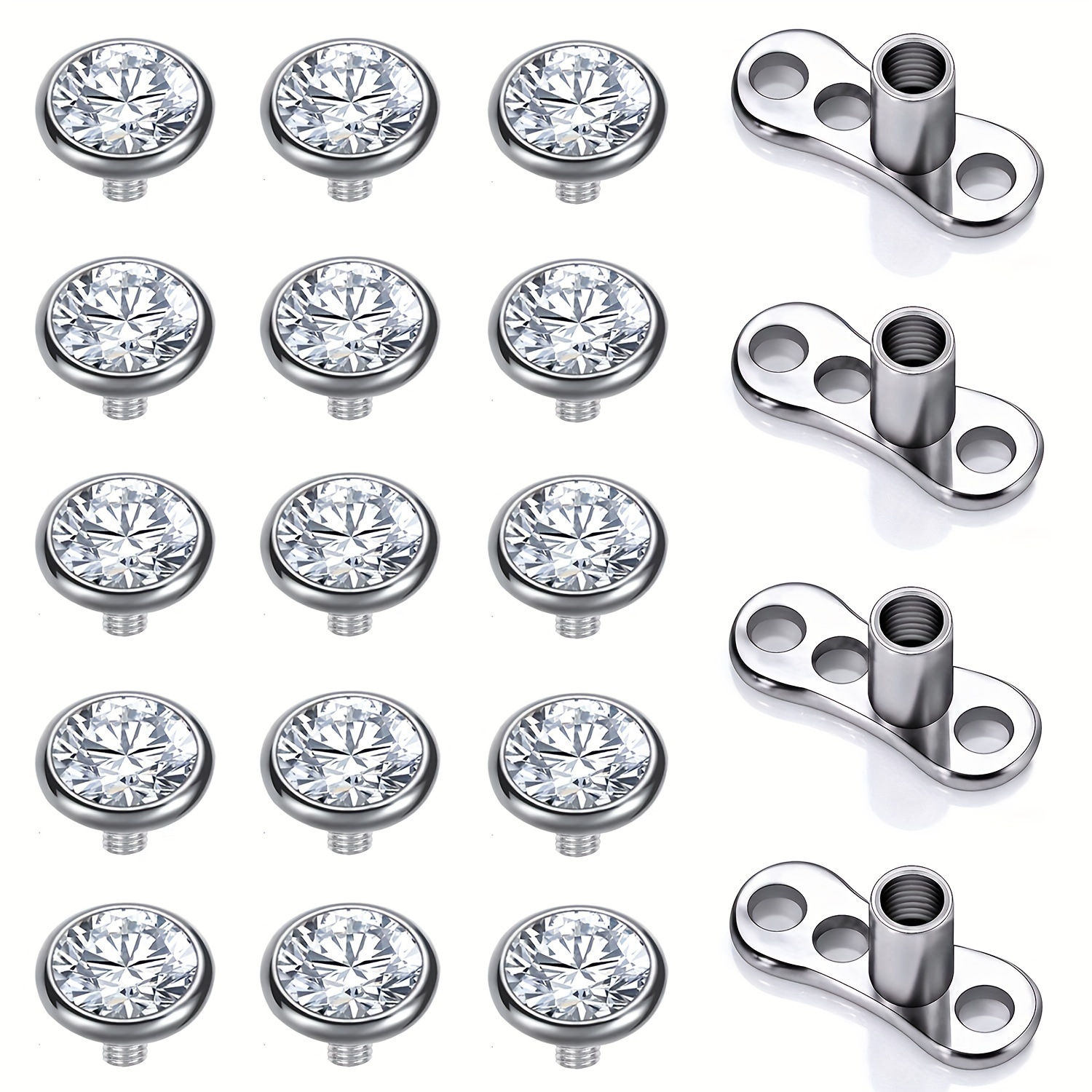 

15pcs Cubic Zirconia Dermal Anchor Tops 4mm/5mm, 4pcs 14g Surgical Steel Internally Threaded Dermal Anchor Base Microdermals Piercing For Women Men