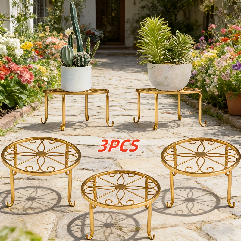 TEMU 3pcs Heavy Duty Cast Iron Potted Plant Stand With Rust-proof Round Base & Multi-tier Suitable For Indoor/outdoor Use, Plant Holder For Flower