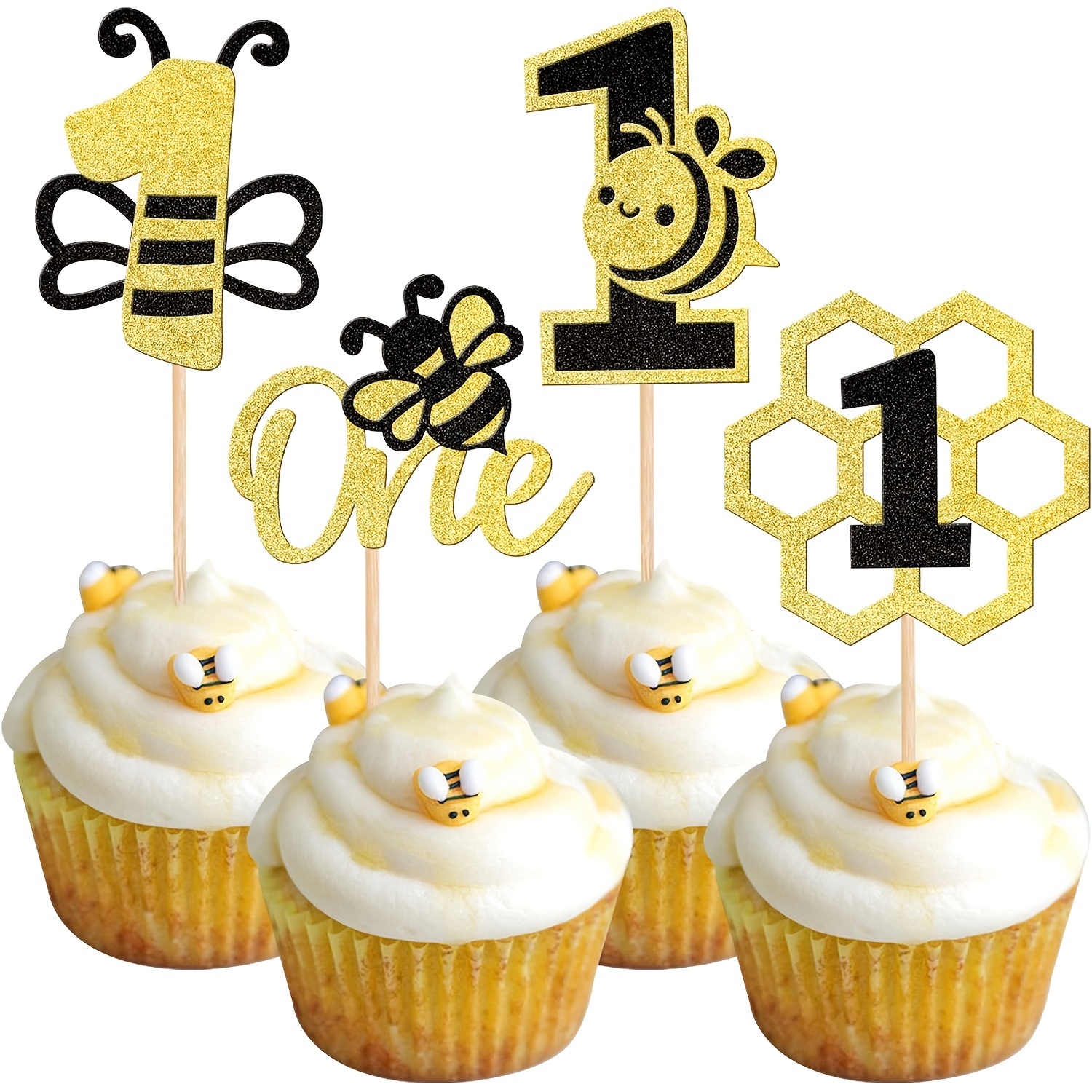 12pcs Bee 1 Cupcake Toppers Black And Golden Glitter Honeycomb Number 1 Bee Cupcake Picks 1st Birthday Cake Decoration For Bumble Bee Theme First Birthday Party Supplies