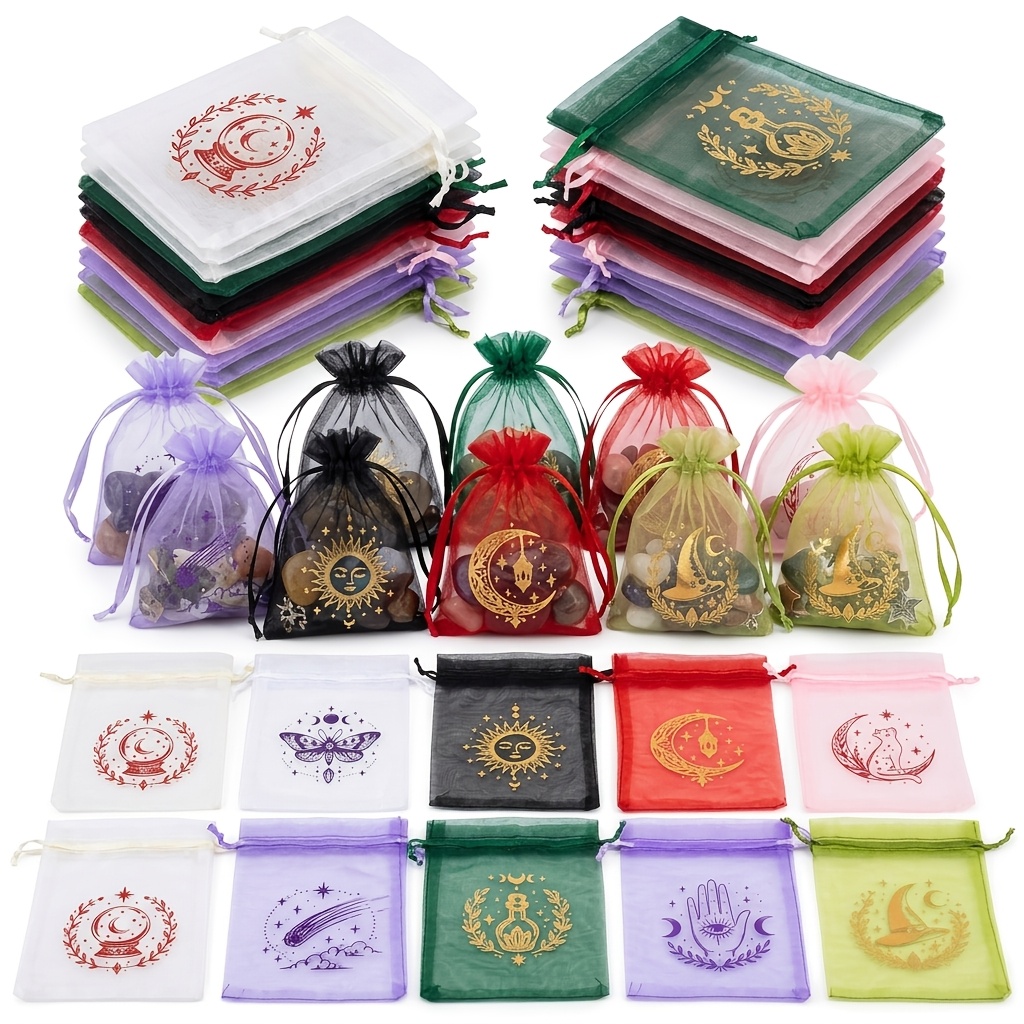 TEMU 36pcs Random Organza Drawstring Bags Mystical Witchy Jewelry Pouches Sheer Mesh Gift Bag With Elegant Celestial Pattern For Party Favors Wedding