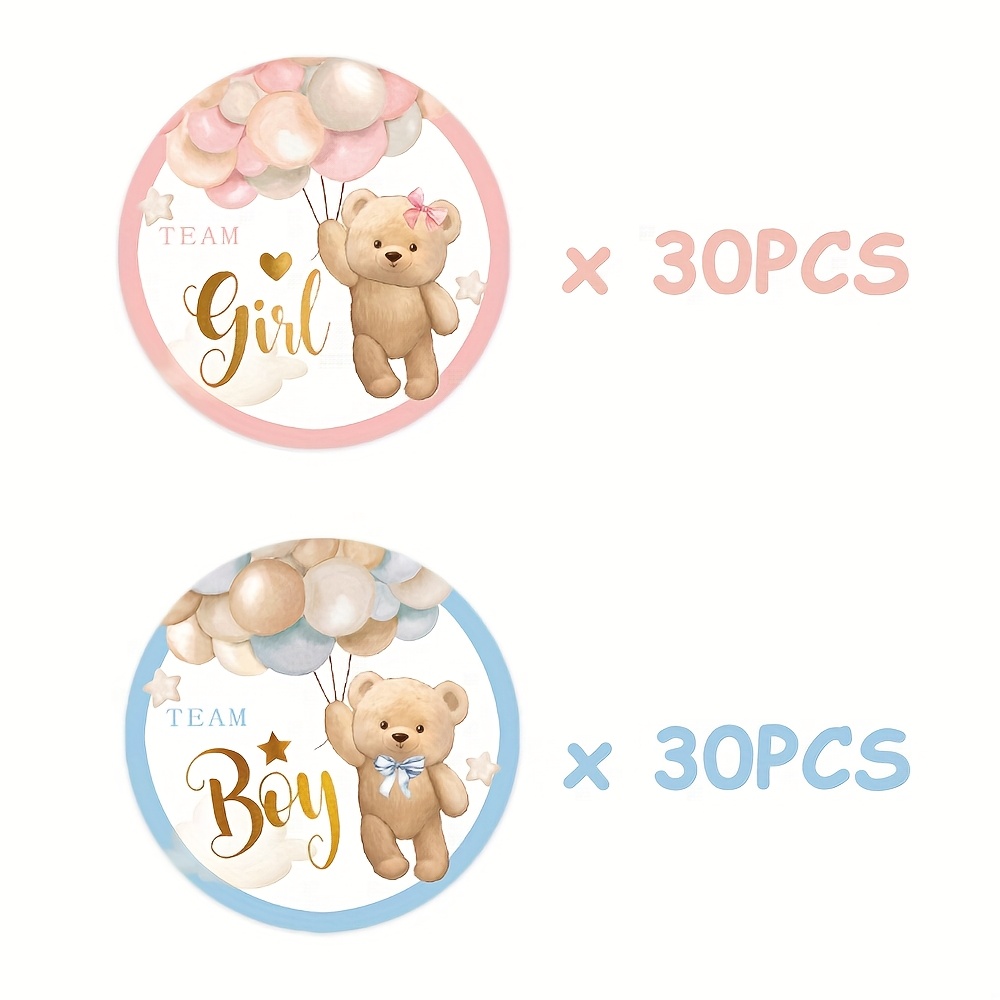 Image of 60pcs Of Pink And Blue Bear-themed Stickers For Gender Reveal Parties - Adorable Bear-themed Decorations Ideal For Birthdays And Gender Reveal Events - Easy To Peel And Apply