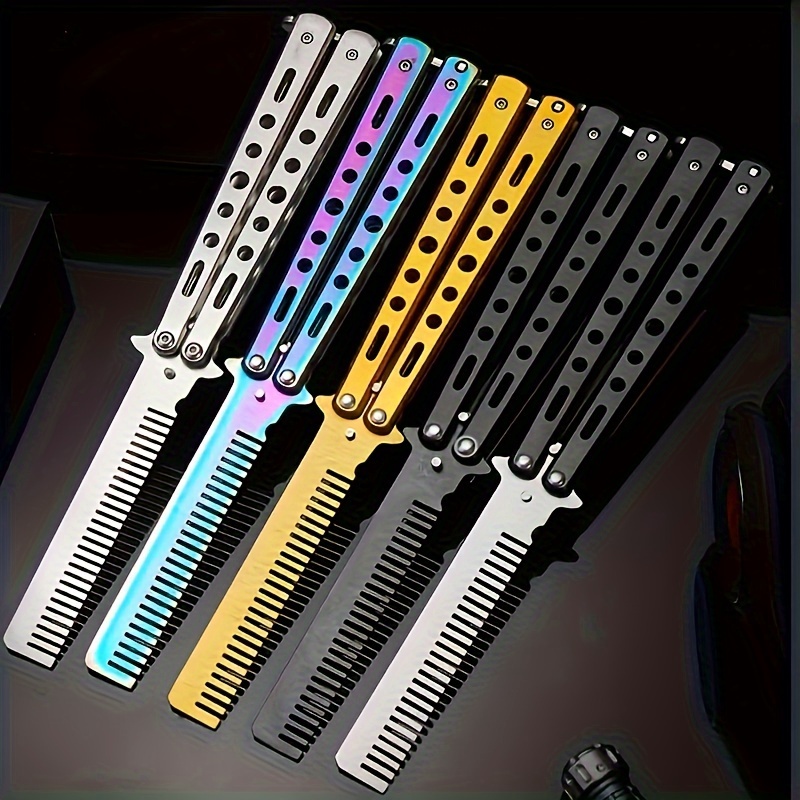 

Butterfly Knife-style Folding Hair Comb For Men, Stainless Steel Teeth, Finishing Pocket Comb, Normal Hair, Metal Handle - Portable Edc Grooming Accessory