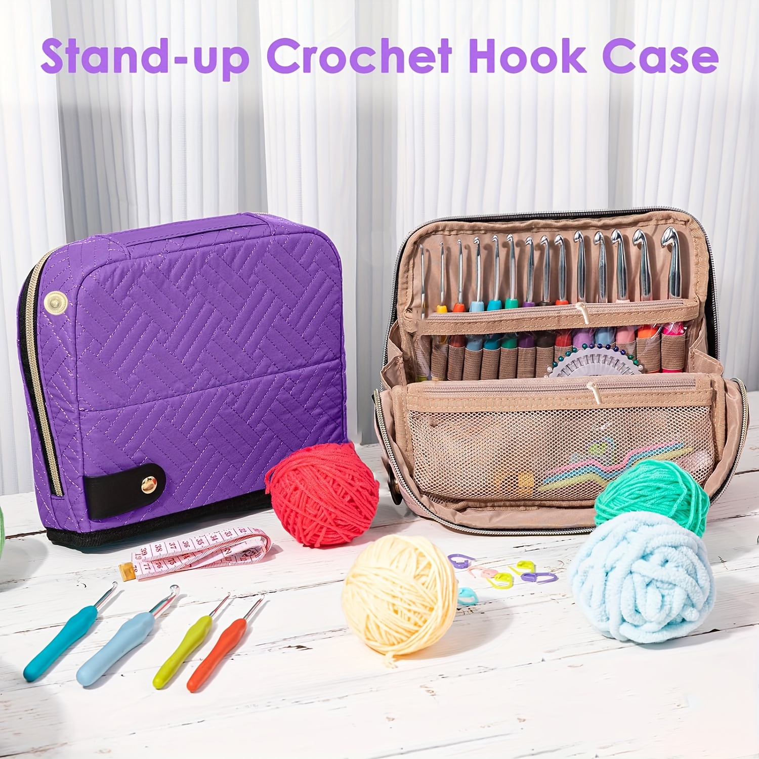 

Vertical Stand-up Crochet Hook Case Organizer With Accessory Storage - Durable Non-print Material In Assorted Colors, Practical Band & Mesh Pockets For Needlework Tools And Supplies