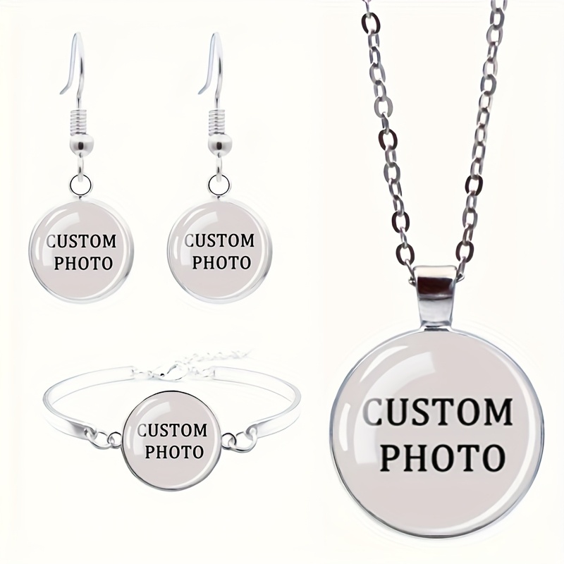 3pcs Custom Photo/text Glass | Personalized Photo/text Necklaces, Earrings, And Bracelets- French Style, Suitable For Weddings, - Elegant For Wear, Stainless Steel, Glass Mosaic, For Her