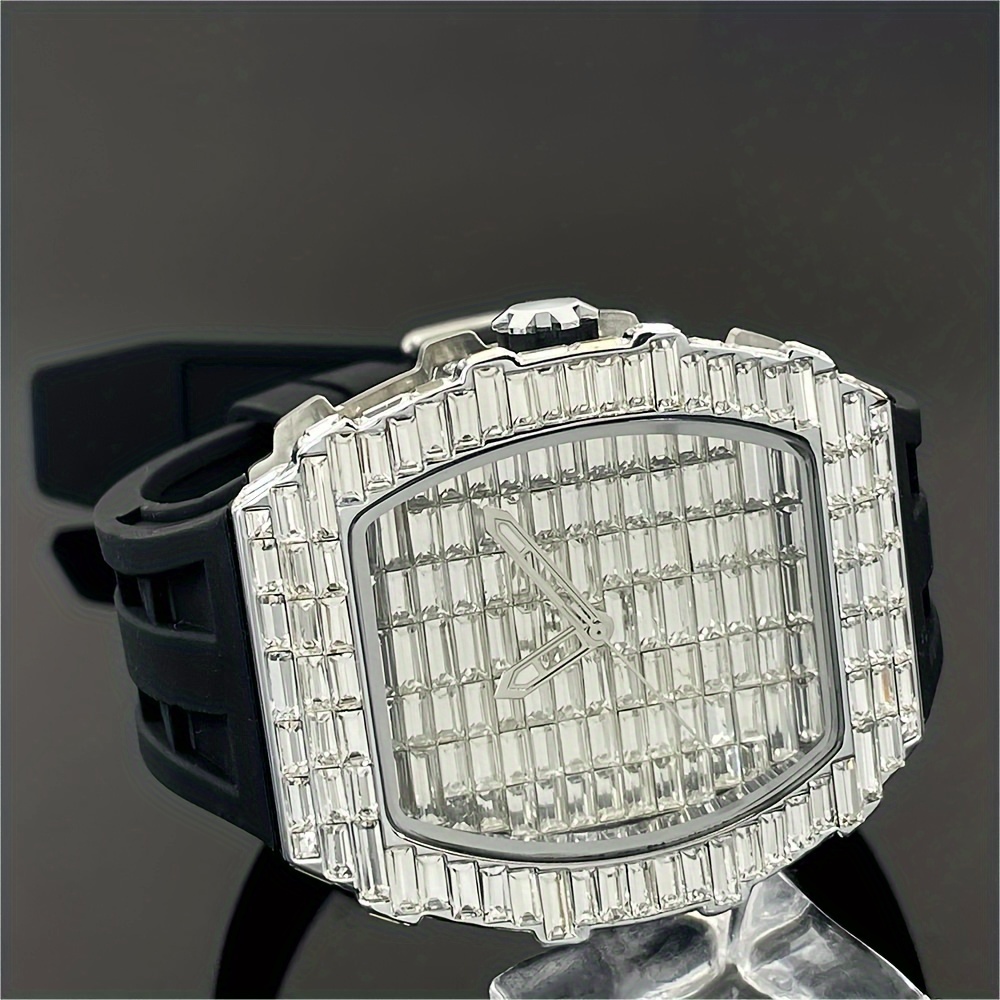 

Men's Large Case Square Rhinestone Silicone Strap Watch