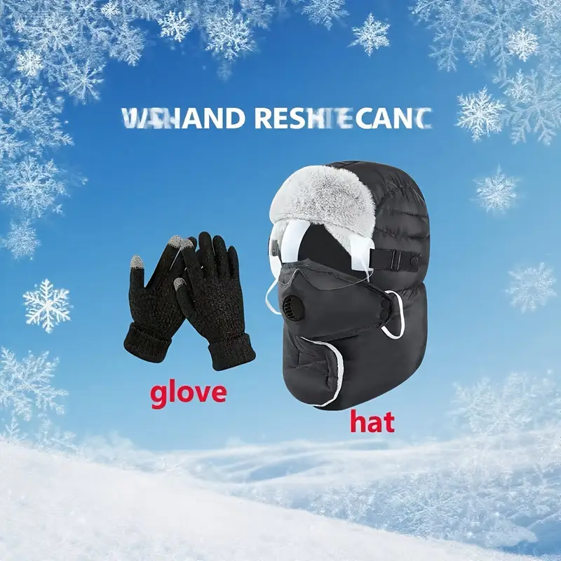 2pcs set winter cycling outdoor hat with ear flaps mask scarf goggles thickened windproof warm fleece lined   cap for men and women new skiing style Product details 2