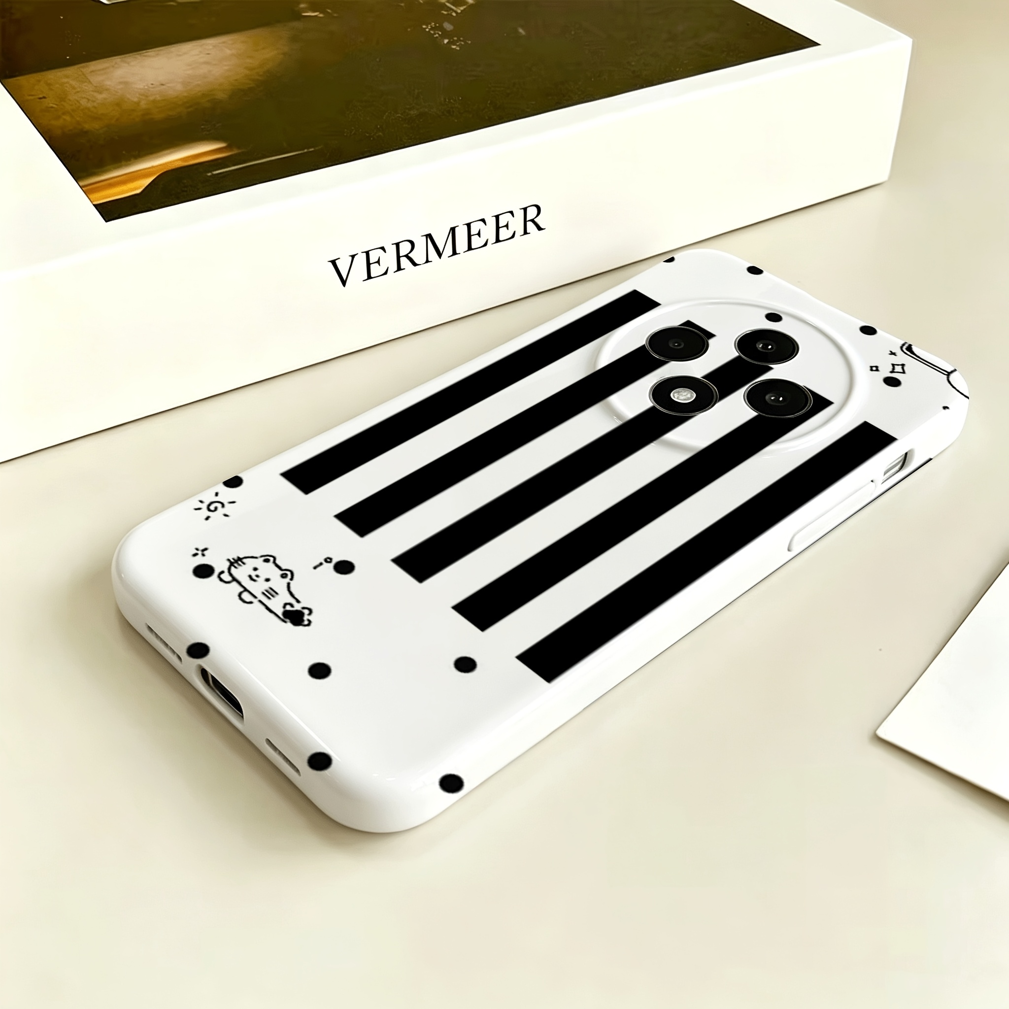 phone case black and white vertical stripes with polka dots and cartoon kitten suitable for oppo a32 oppo a3x oppo reno8 pro oppo reno9   full coverage case with   opening