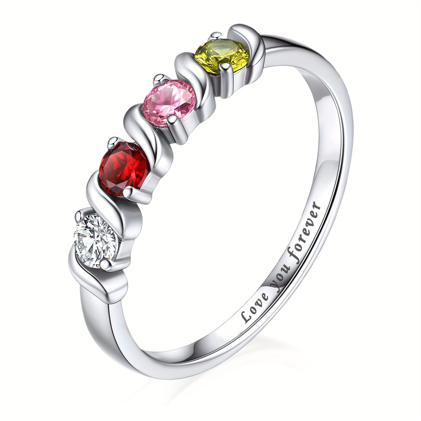 TEMU 1pc Custom Minimalist Elegant Women's Ring, Personalized With Birthstone And Engraved Name, Silver-plated Copper With Cubic Synthetic Zirconia