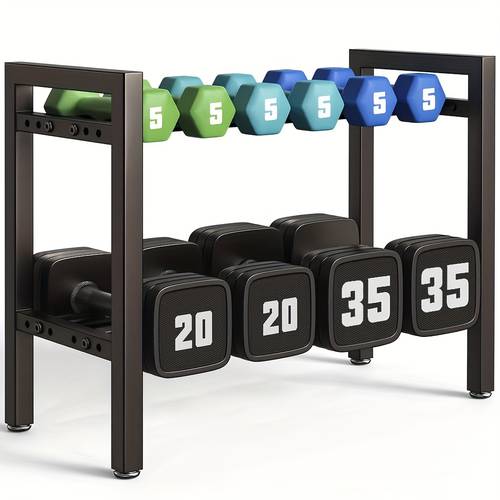 porta manubri e kettlebell a 2 ripiani per impieghi gravosi con stoccaggio regolabile - larghezza 20 pollici, in ferro, design salvaspazio per palestra