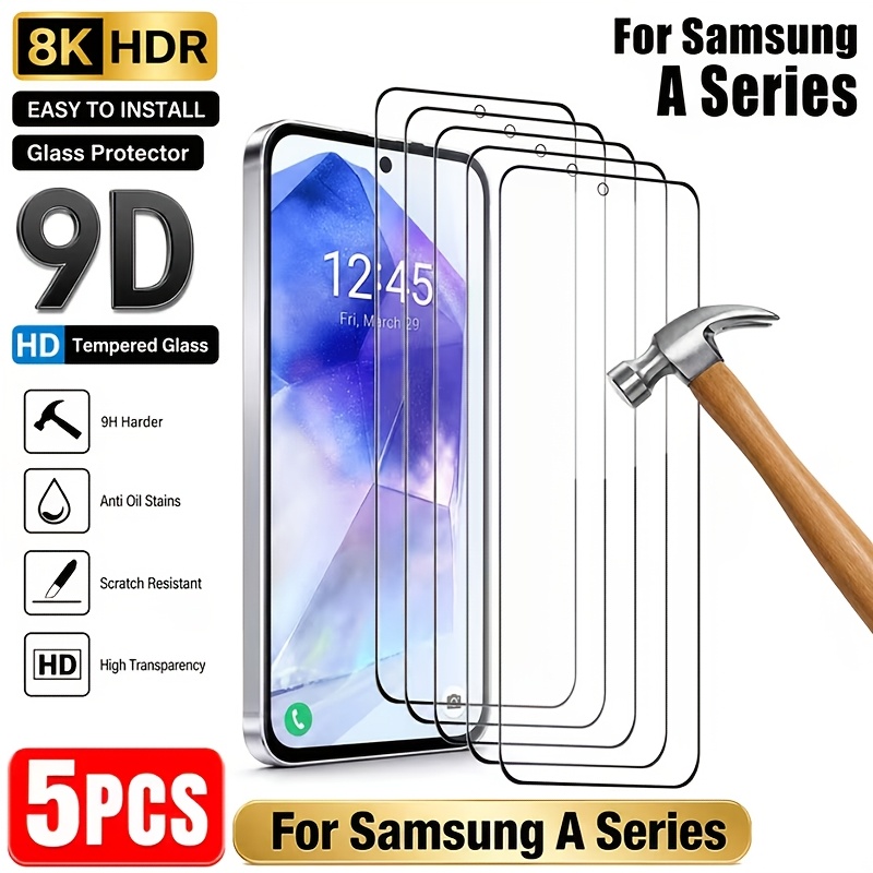 photo de l'article lot de 5 (-bords noirs sérigraphiés) protecteurs décran en verre trempé 9d hd à couverture complète,   avec for galaxy a57/a56/a55/a54/a53/a52/a52s/a51/a37/a36/a35/a34/a27/a26/a25/a24/a17/a16/a15/a14/a13/a12/a07/a06/a05/a05s/a04, verre trempé de qualité ovaoddt, hd transparent, ajustement