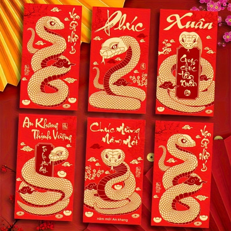 

Chinese New Snake - Red Envelopes, Of 6, Lunar New 2023 Greeting ,