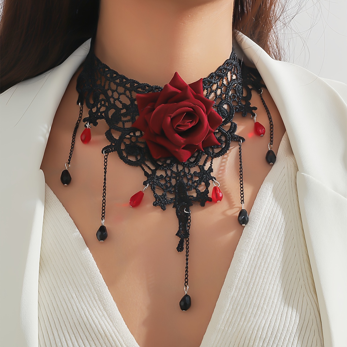 

Vintage Gothic Lace Choker Necklace With Synthetic Red Rose And Black Crystal Drops - July Birthstone Floral Pendant For Daily And Party Wear, Accessory, All-season