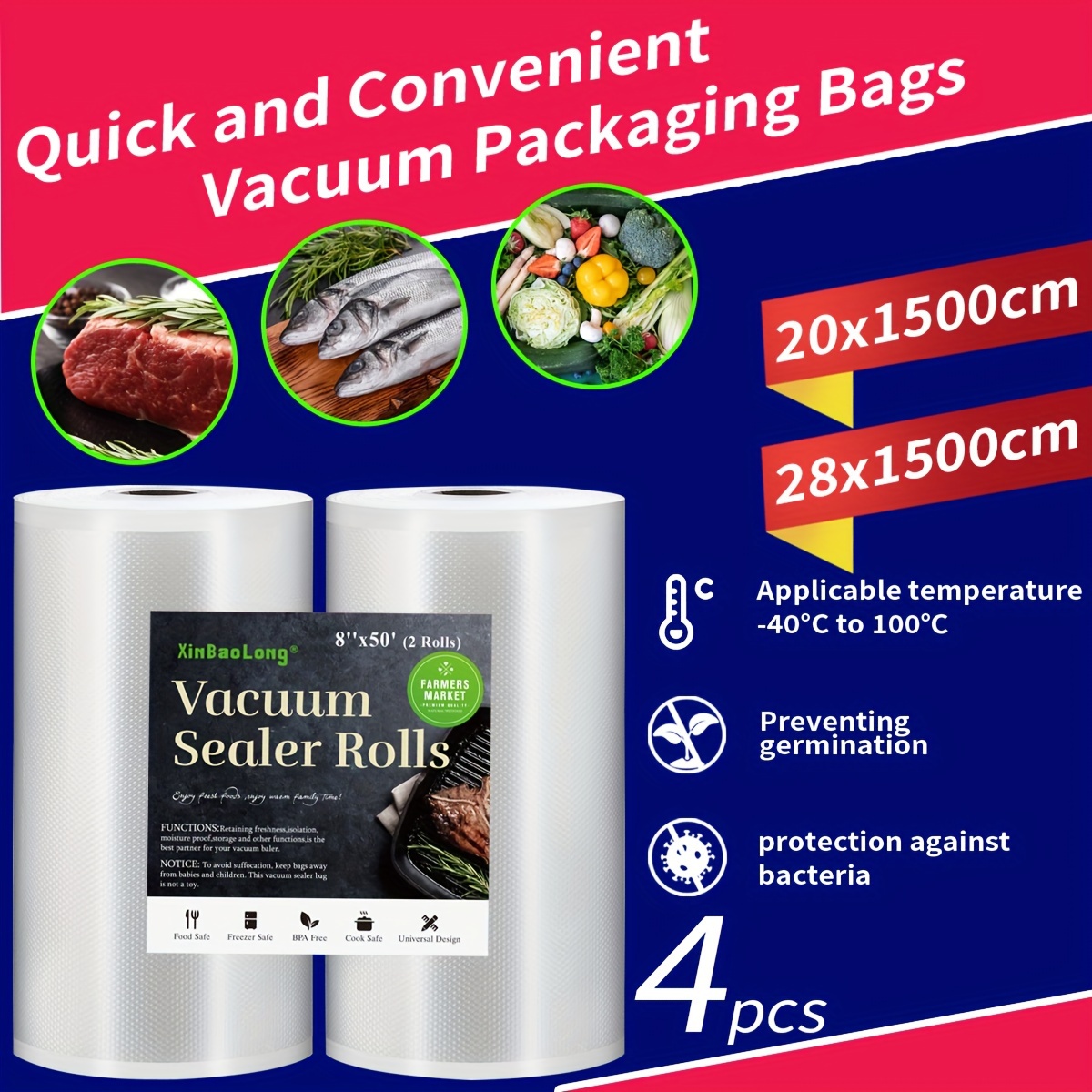 

4pcs Heavy-duty Vacuum Sealed Bag For Food Saving Rolls, Free Of Bisphenol A, Suitable For Leak Proof Design Of Fruits, Vegetables, And Meals, Ensuring And Storage. Sealed Vacuum Bag