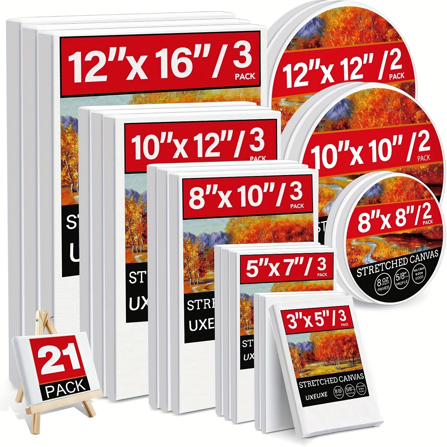 TEMU Toile Stretch, Multi Pack 12X16, 11X14, 9X12, 8X10, 5X7, 4X4 Ensemble de 10/21, Blanc - Panneaux de Toile d'Artiste 100% Coton pour Peinture,
