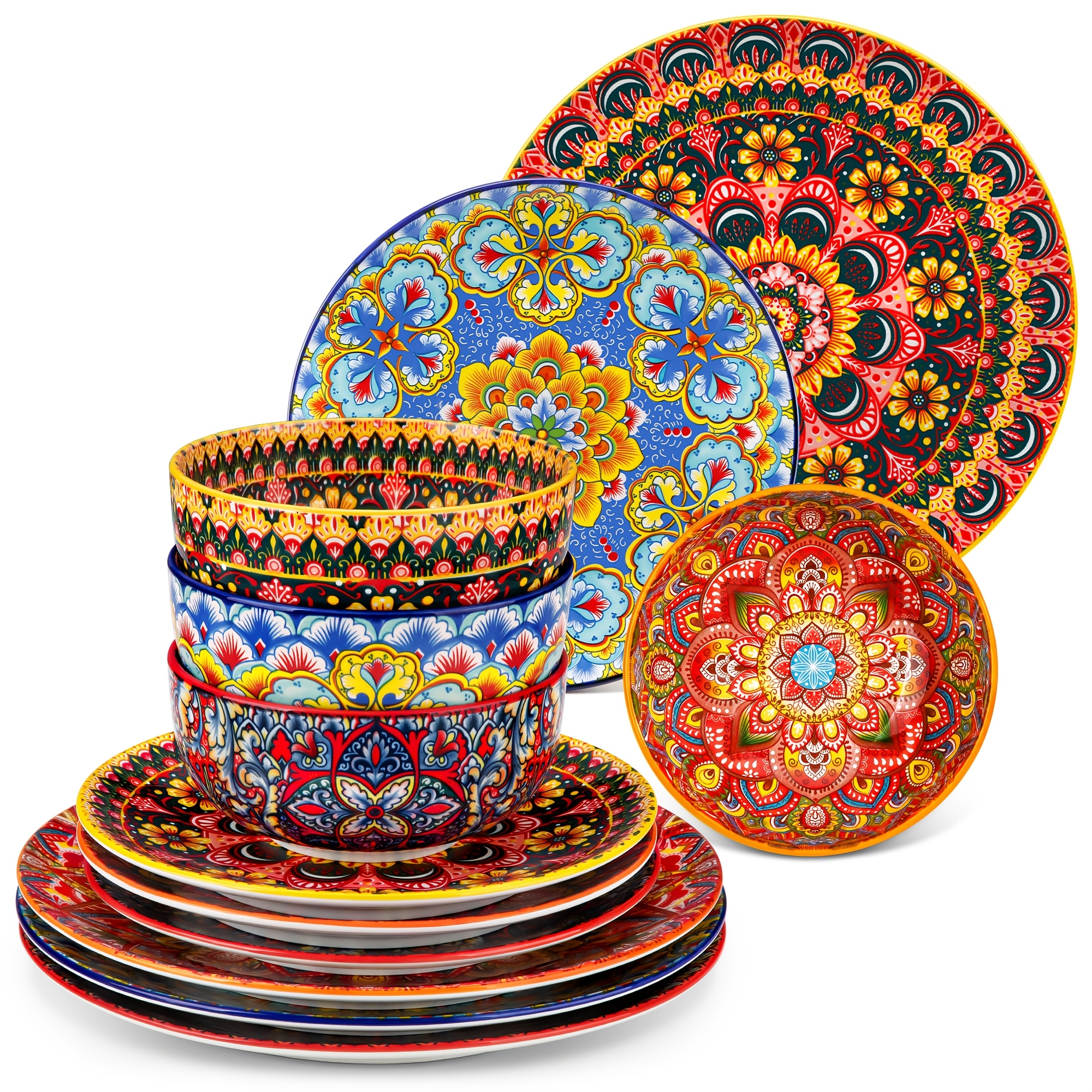 12pcs Bohemian Porcelain Dinnerware Set, Double-sided Pattern Service For 4, Includes Dinner Plates, Salad Plates & Bowls, Microwave & Dishwasher Safe