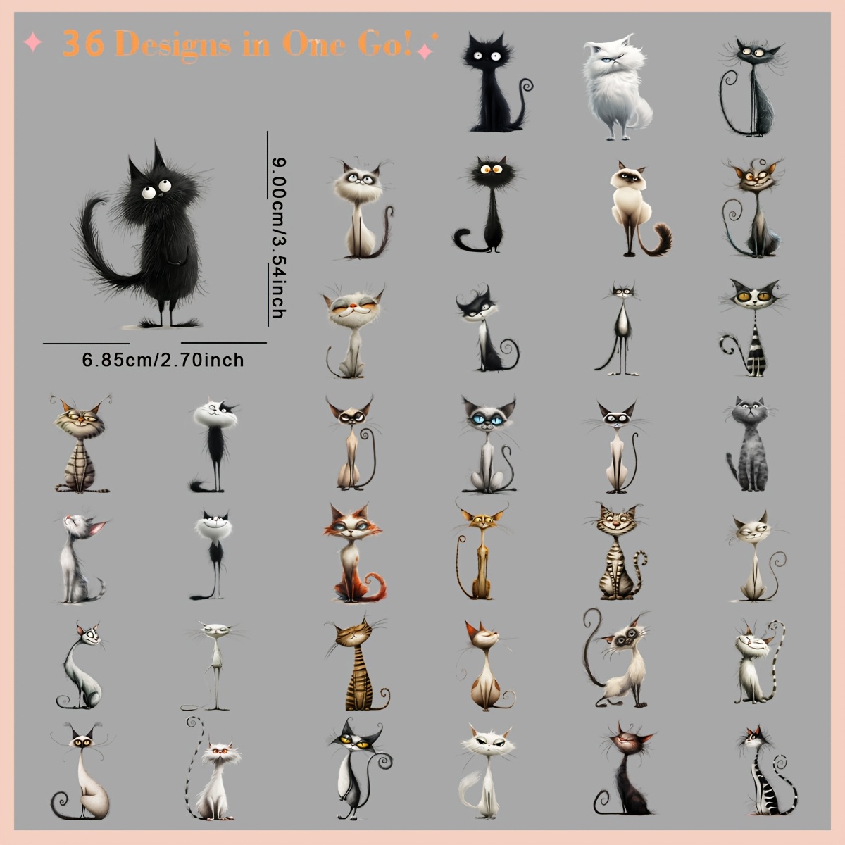 Image of 36pcs/set Quirky Whimsy Cats Iron On Dtf Transfers Stickers Washable Heat Transfer Designs Decals Patch For Clothing T- Jeans Backpack