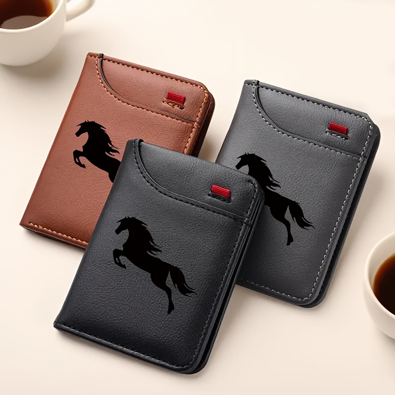 1pc Men's Vintage Faux Leather Credit Card Wallet - Regal Black Horse Print - Slim & Soft Design with Multiple Card Slots, Business Style ID & Credit Card Holder, Travel Coin Purse, Perfect for Men's Gift, Cute Wallet
